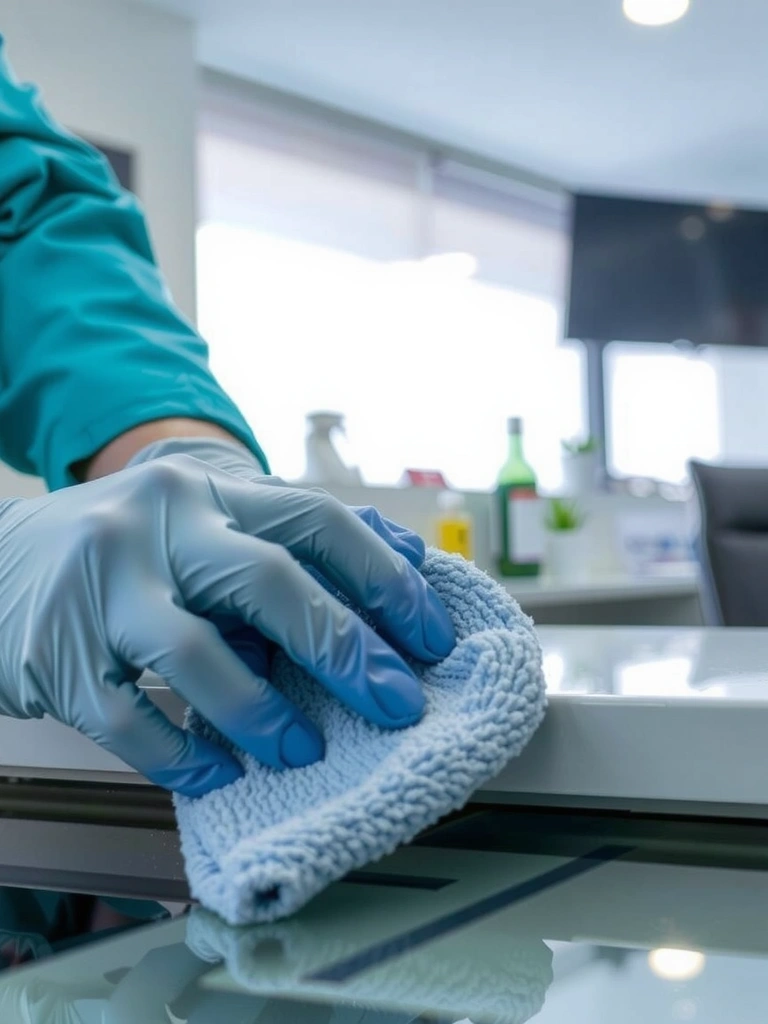 A close-up of a professional cleaner's hands, wearing gloves, meticulously polishing a surface with a microfiber cloth, symbolizing attention to detail and care.