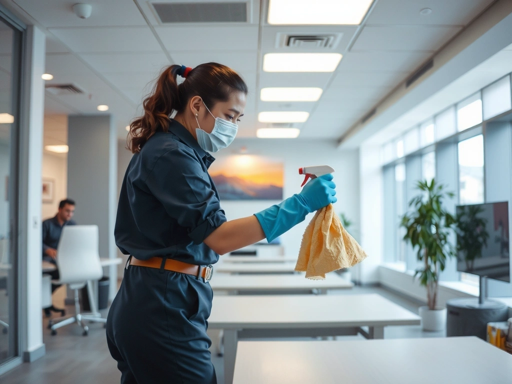 A cleanservice team member passionately cleaning a modern office space, demonstrating dedication and attention to detail.