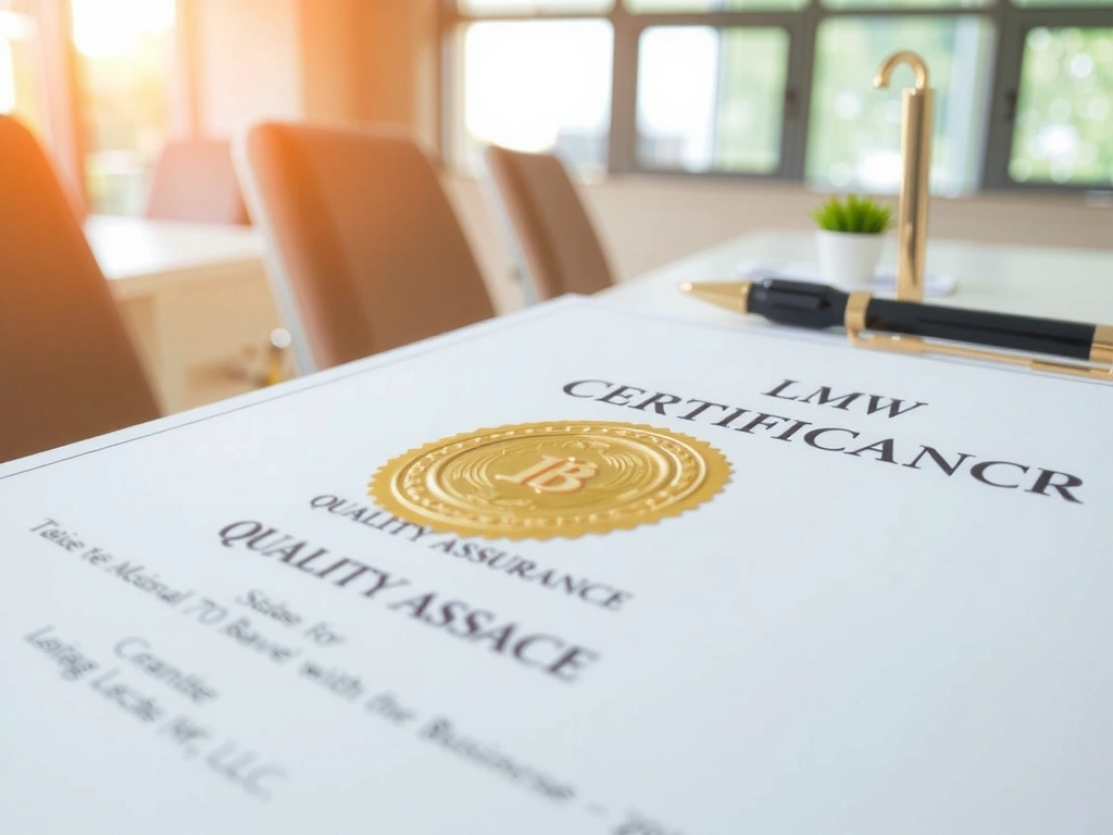 A close-up of a certificate with a gold seal, symbolizing official certification and business compliance, with a blurred background of a modern office.