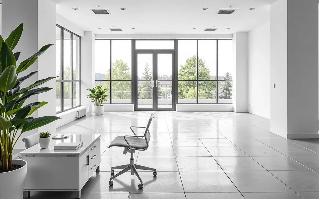 Modern, impeccably clean office space with natural light and minimalist furniture, reflecting professionalism and hygiene.