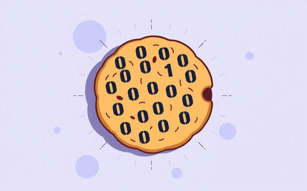 A detailed illustration of a cookie with binary code patterns, symbolizing data and digital information, against a soft, abstract background.
