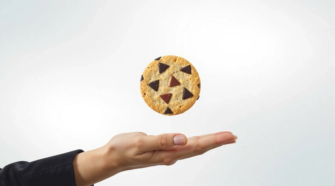 A hand holding a digital cookie icon on a clean, modern interface, symbolizing data privacy and website cookies.