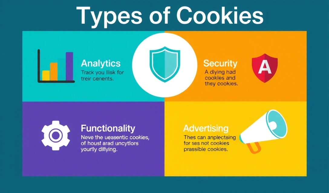 A vibrant infographic illustrating different types of cookies and their functions, with icons for analytics, security, functionality, and advertising.
