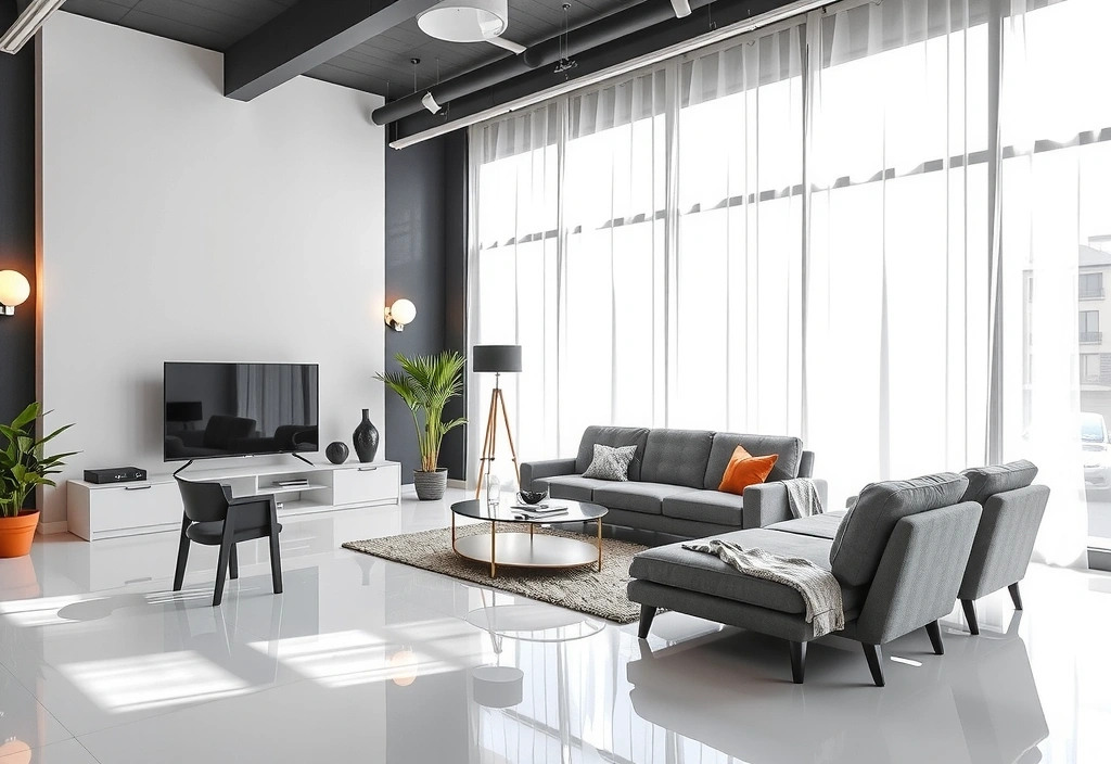 Sparkling clean modern living room with natural light, evoking comfort and professionalism.