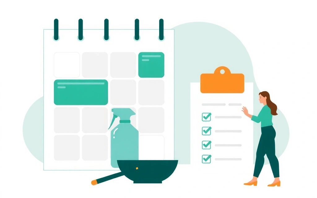 Illustration of a calendar with scheduled cleaning appointments and a checklist, symbolizing efficient service management.