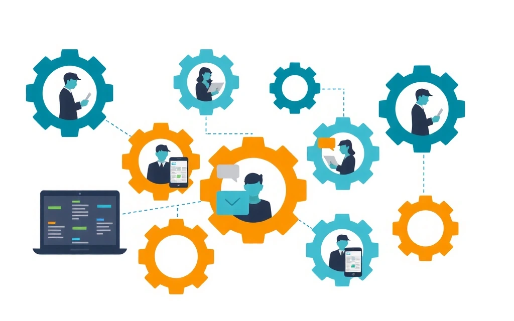 Illustration of interconnected gears and people, symbolizing collaboration with third-party service providers while maintaining data security.