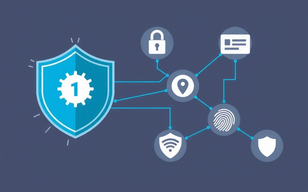 Illustration of a digital shield protecting data with various security icons, symbolizing robust data security measures.