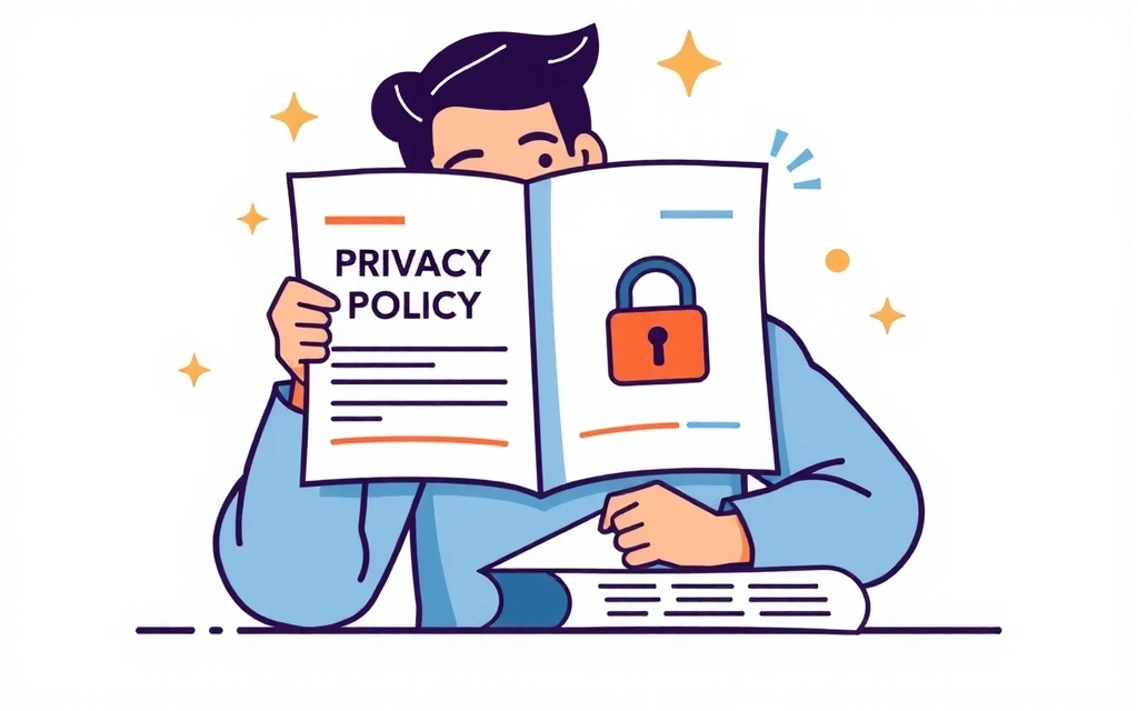 Illustration of a person reading a privacy policy document with a lock icon, symbolizing data protection and security.