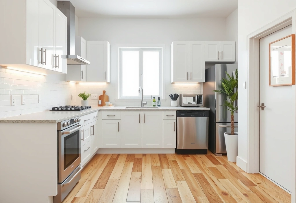 Sparkling clean modern kitchen with sleek countertops and stainless steel appliances, gleaming under bright light.