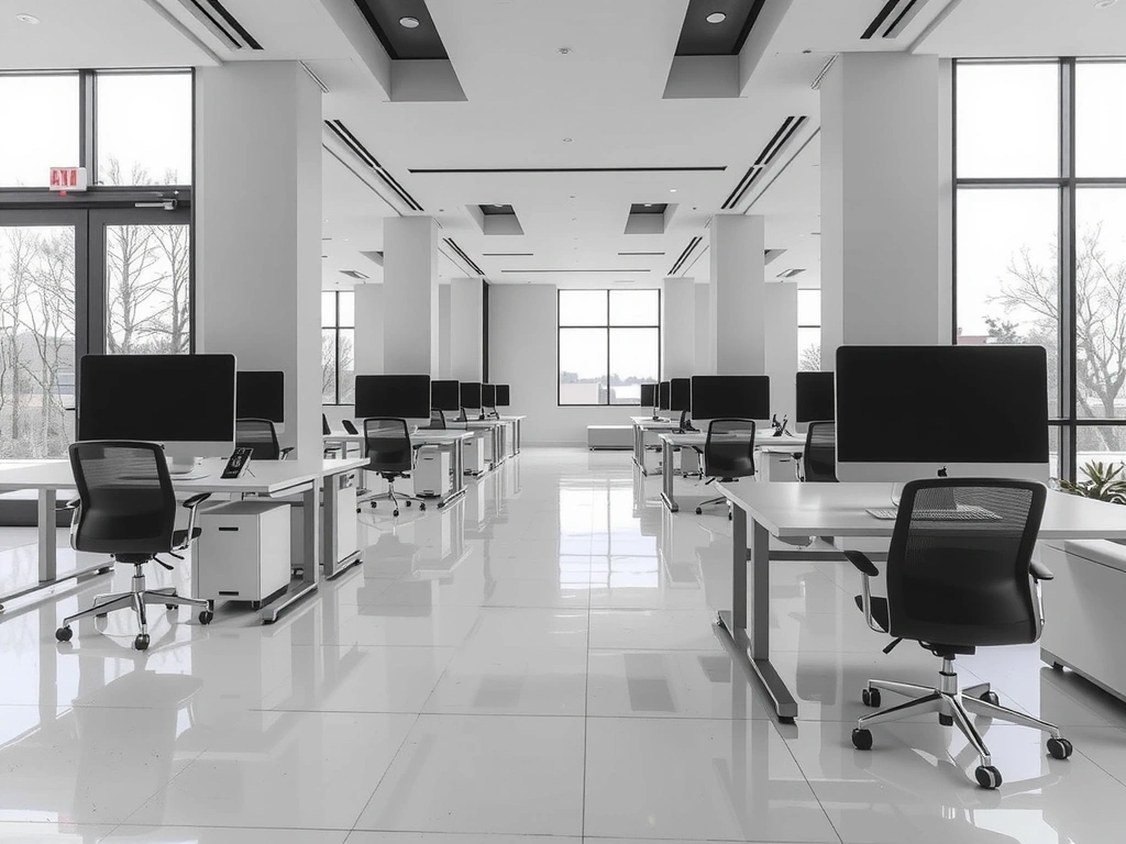 A modern and clean commercial office space with desks and computers