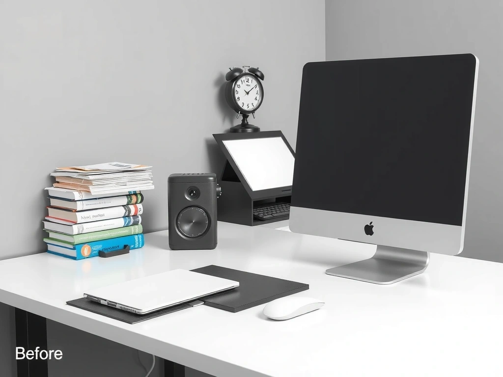 After: An immaculate and tidy office desk, all surfaces polished and organized.
