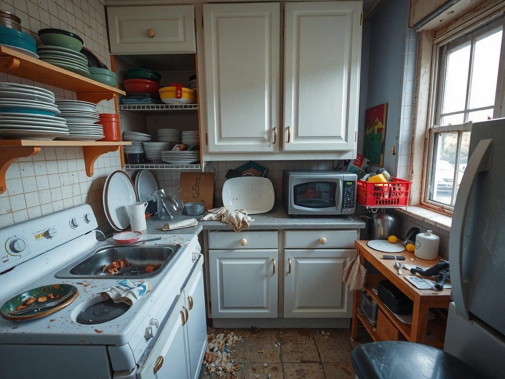 Before: A cluttered and dirty kitchen awaiting cleaning.