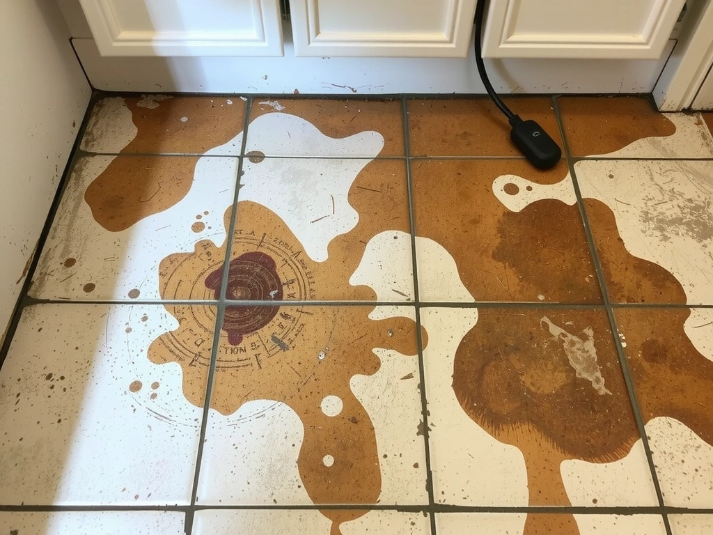 Before: A grimy and stained bathroom floor, showing signs of heavy use.