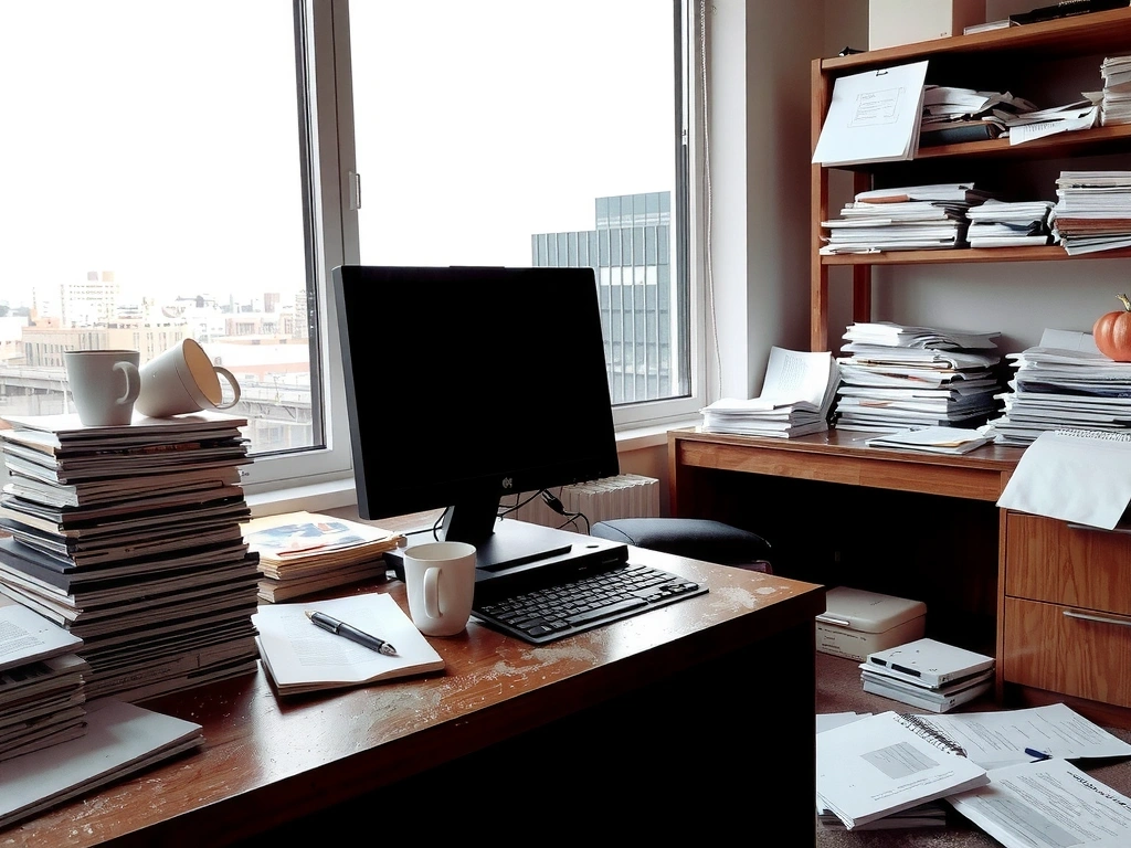 Before: A dusty and disorganized office desk with papers and coffee stains.