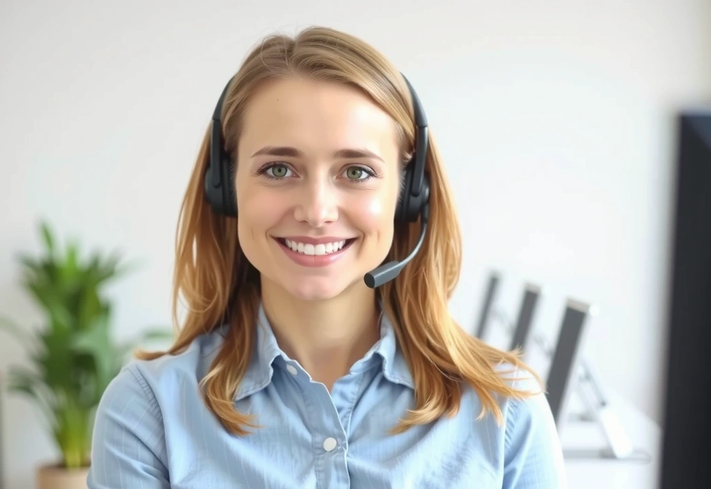 A customer service representative smiling while talking on a headset, indicating readiness to help.