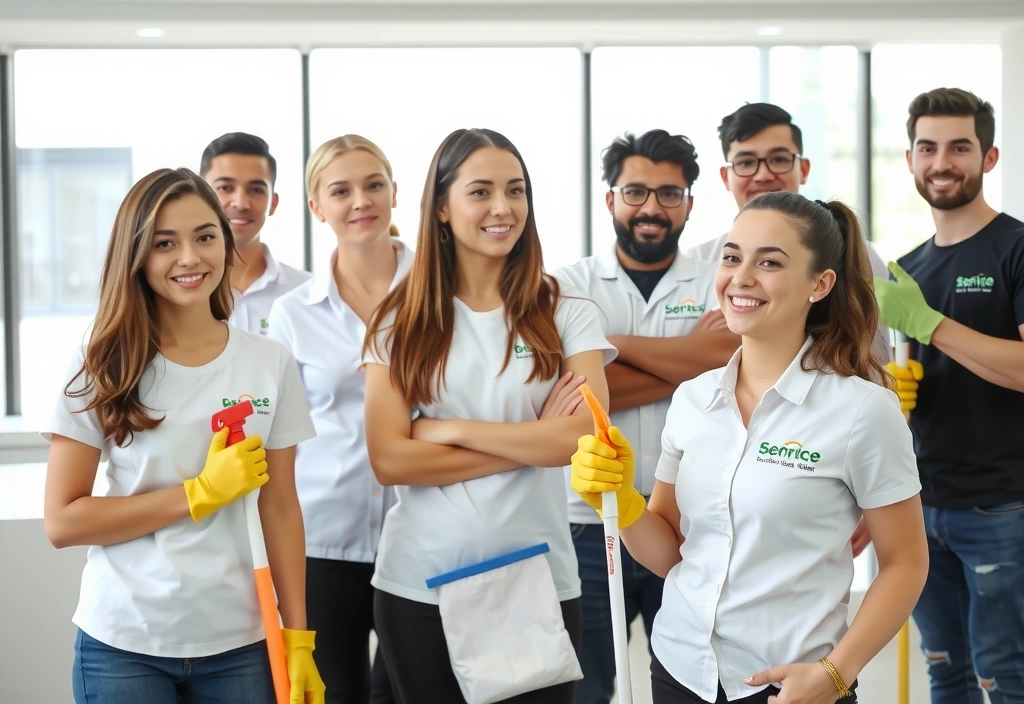A diverse group of cleanservice employees, smiling and working together in a professional setting.
