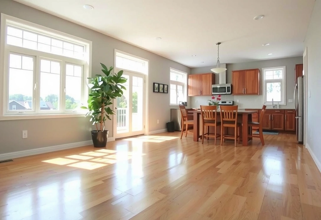 Sparkling clean interior of a residential home, showing a polished floor and bright windows.