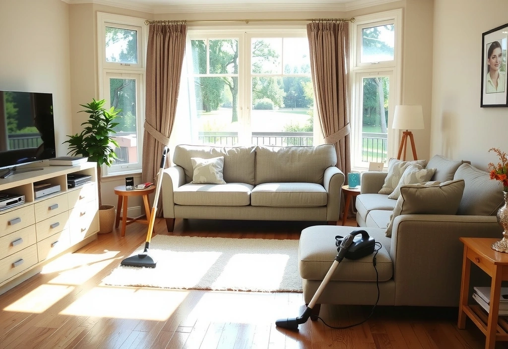 A clean, sparkling living room after professional residential cleaning, showcasing a fresh and inviting atmosphere with natural light.