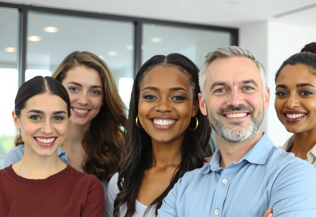 A diverse group of smiling people, clients of a cleaning service, giving positive feedback, with a subtle background of a clean office space.
